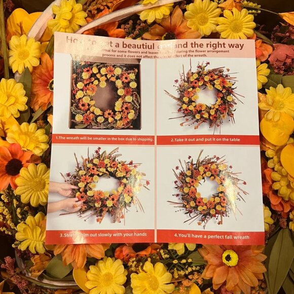 22" Fall Autumn Wreaths for Front Door Orange Daisy Wreath with Grain Ears - Picture 4 of 12